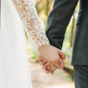 Wedding couple, lovers bride and groom holding hands go